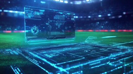 A computer with a futuristic interface on a soccer field, symbolizing the integration of digital gaming and traditional sports.