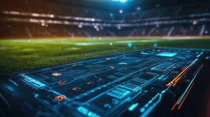 A computer with a futuristic interface on a soccer field, symbolizing the integration of digital gaming and traditional sports.