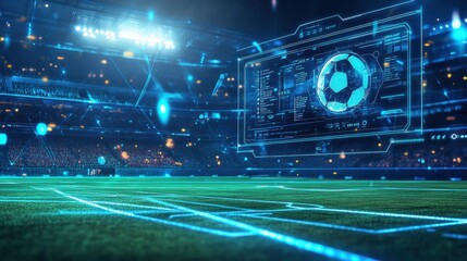 A computer with a futuristic interface on a soccer field, symbolizing the integration of digital gaming and traditional sports.