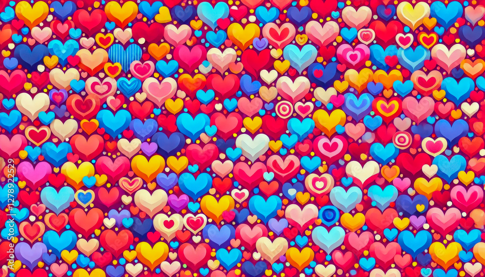 Aufkleber Colorful heart pattern filling the background with various shapes and sizes, evoking joy and affection in a vibrant design
