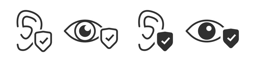 Eye check protect shield icon, ear hear deaf prevention vector sign symbol line stroke outline art simple minimal pictogram illustration set, eyesight loss safe guard logo, vision security health care