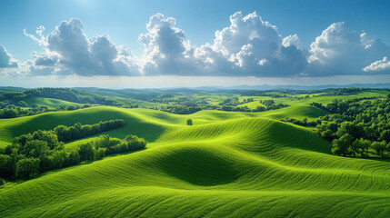 Fototapeta premium Puffy clouds casting long shadows over rolling green hills under a bright afternoon sky