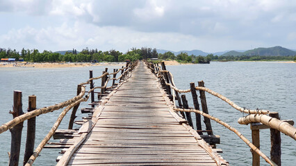 Ong Cop Wooden Bridge In Phu Yen Province, Vietnam. This Bridge Is Known As The Longest Wooden Bridge In Vietnam.