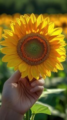Close Up of Hand Holding a Vibrant Yellow Sunflower in a Field of Sunflowers