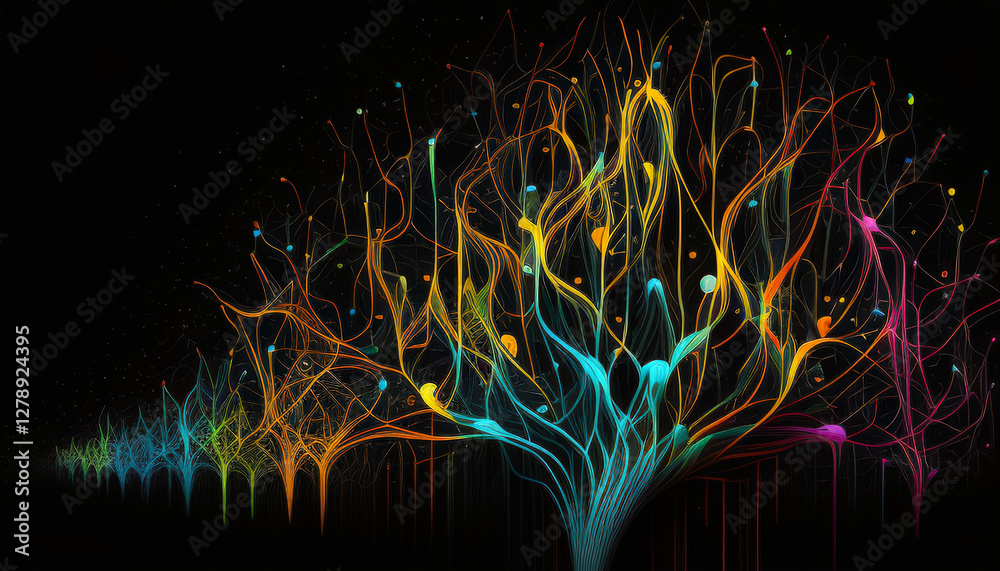 Poster Colorful abstract tree-like structure with vibrant branches and flowing lines in a dark setting
