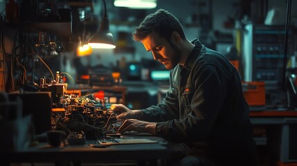 Mechanic working on car engine wiring in a welllit garage, surrounded by tools and machinery, focused expression, highdetail, realistic lighting, 8K UHD