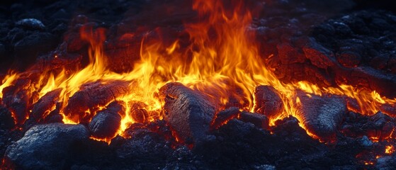 Lava flows with fierce intensity, molten rivers winding over ash-laden ground in a fiery, unstoppable natural force.