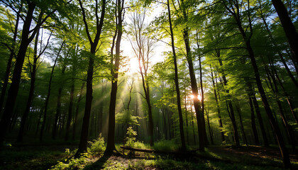 Obraz premium A Tranquil Forest with Sunlight Filtering Through Trees