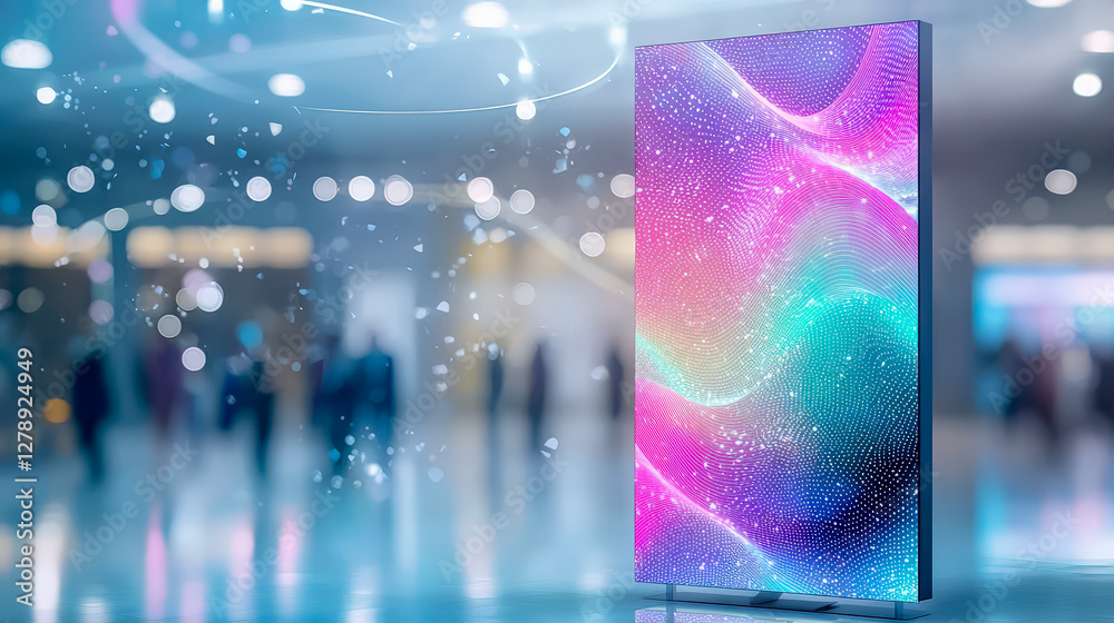 Poster Vibrant digital display with abstract patterns in busy indoor setting during evening hours