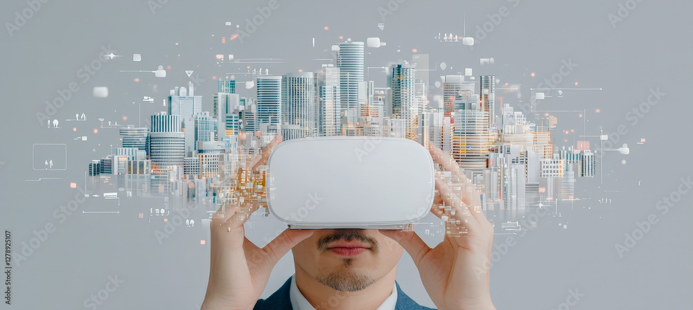 Aufkleber virtual reality experience in a modern city setting showcasing advanced technology and urban archite