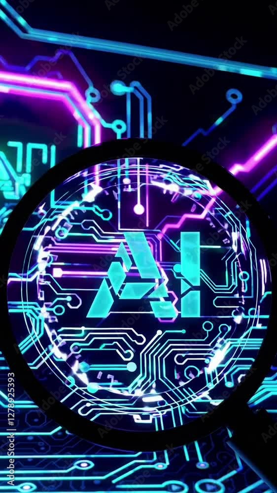 Poster magnifying glass zoom on ai circuitry with neon glow and dynamic patterns