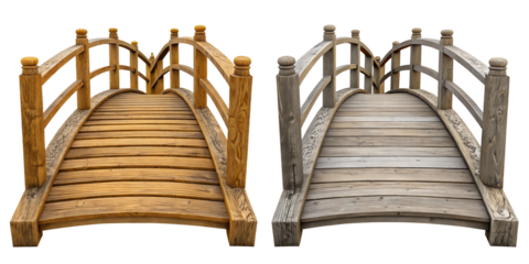 Two Rustic Wooden Footbridges on Transparent Background, Serene, Woodland Trails