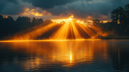 Rays of sunlight breaking through heavy clouds, shining down on a tranquil lake