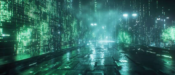Endless streams of neon green Matrix code rain, cascading down a dark futuristic background, digital data flow, cyberpunk hacking aesthetic