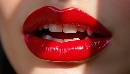 Obraz premium Sexy red female lips revealing vampire fangs.