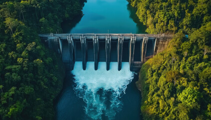 Large hydroelectric dam with powerful water flow surrounded by lush green landscape, representing renewable energy, sustainable resources, and environmental conservation