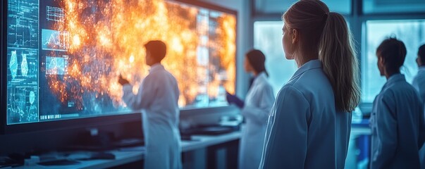 Scientists analyzing wildfire data on screen