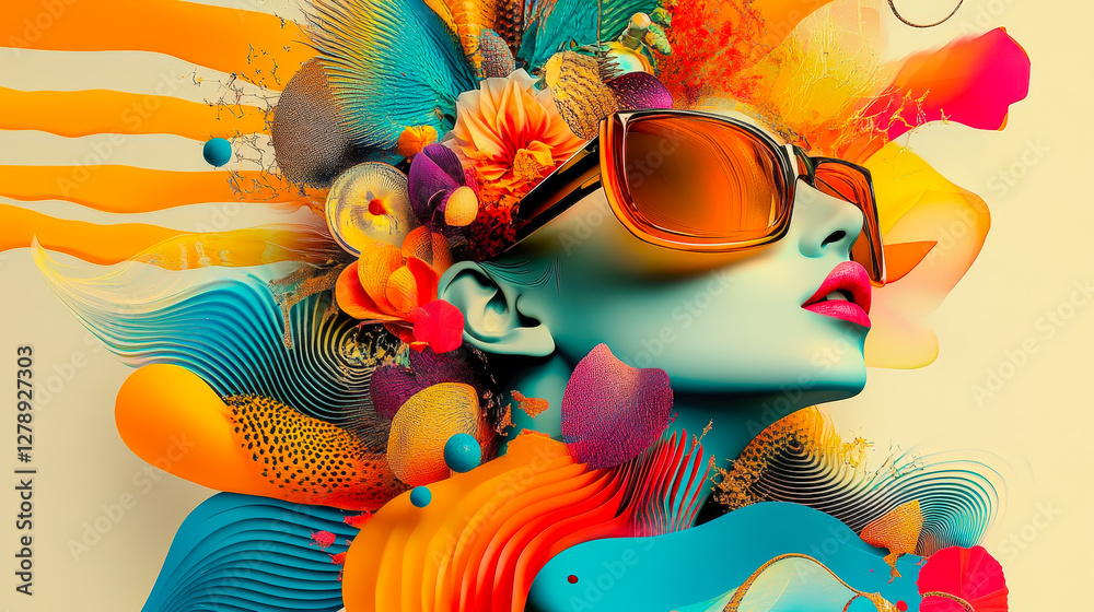 Poster vibrant art piece showcasing a woman surrounded by colorful floral elements and abstract shapes in a