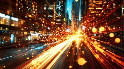Obraz premium Blurred city street scene at night, highlighting vibrant lights and architectural structures under a dark sky, creating a dynamic urban atmosphere.