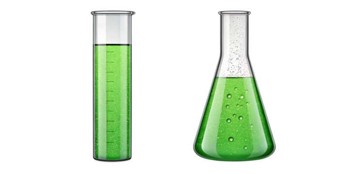 Two Different Test Tubes Filled with Green Liquid on Transparent Background, Chemistry, Liquid Experiments