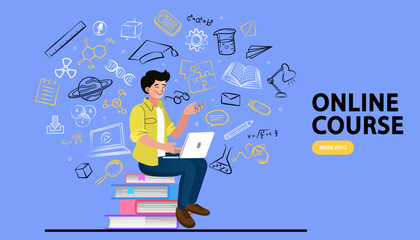 Online education. Education concept doodle icon set. E-learning platform. video course, internet class. remote university graduation. Welcome back to school. Vector
