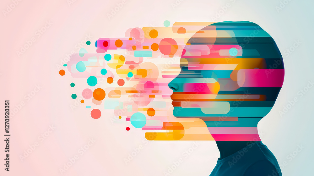 Poster Colorful abstract representation of a human profile with vibrant shapes and patterns showcasing emotion and creativity