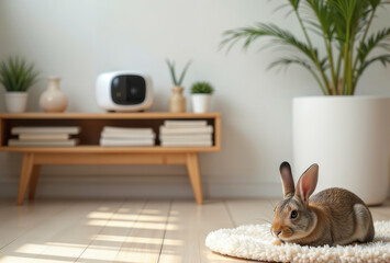 Rabbit and Pet Camera. A cute bunny is resting near a pet camera in a bright, modern apartment.