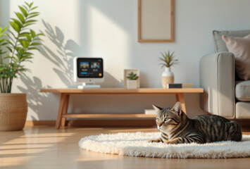 Fototapeta na wymiar Cat near pet cam. A tabby cat is lying on a rug in a living room with pet camera on the table.
