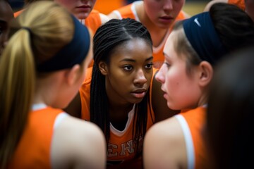 Female basketball team in a huddle