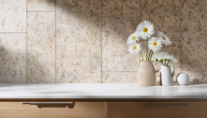 minimal cozy counter mockup design for product presentation background branding in modern style with white granite top tile wall and beige counter with daisy dandelion kitchen interior 3d render