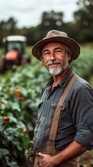 Happy Farmer Standing Proudly in a Field with a Tractor Behind