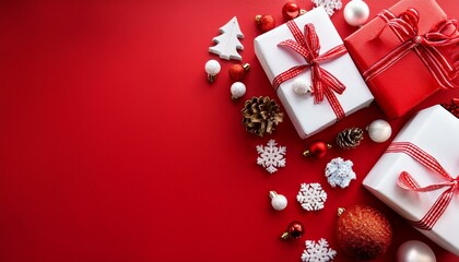 merry christmas and happy holidays greeting card frame banner new year noel white red christmas ornaments and gifts presents on red background top view winter xmas holiday theme flat lay