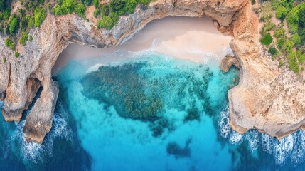 Naklejka premium An aerial view showcases a sandy beach bordered by a vibrant blue ocean, complemented by a rugged cliff, creating a stunning coastal landscape.