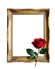 Elegant Red Rose with Vintage Gold Frame on Transparent Background - Perfect for Wedding Invitations, Valentine's Day Cards and Romantic Designs