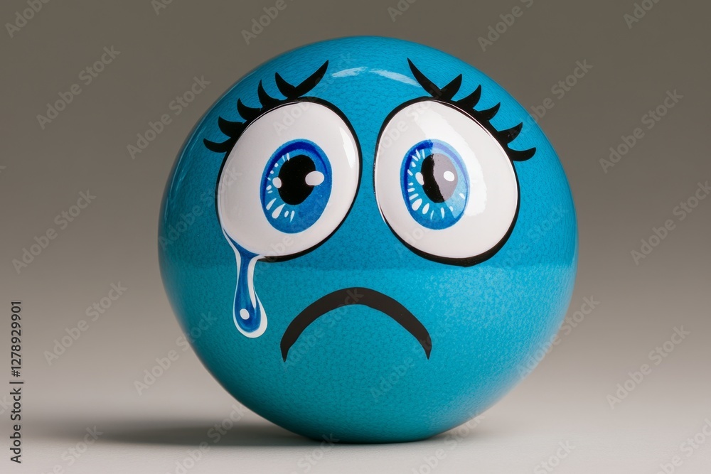 Poster A sorrowful smiley face adorned with big expressive eyes and a single tear captures the essence of sadness in a minimalist style against a soft white background