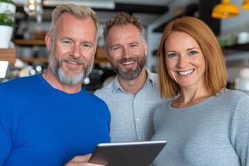 Business people working on digital tablet while standing at cafe