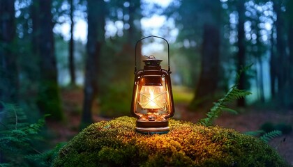 Vintage old lantern lighting in the dark forest. Travel camping concept. Burning lantern on a moss at forest in the night.