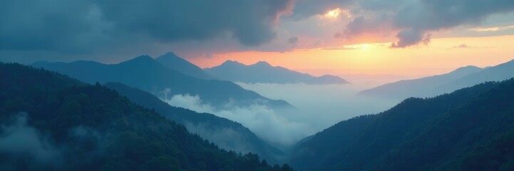 Dark clouds with misty mountains in the background, clouds, foresight, serenity