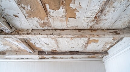 A deteriorating ceiling with widespread peeling paint and water stains in an old, neglected building