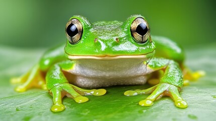 A striking araffe frog perched on a vibrant leaf, set against a lush green backdrop, showcasing nature's beauty and the frog's vivid coloration.