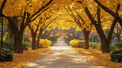 Obraz premium A serene park pathway flanked by trees adorned with vibrant yellow leaves, creating a picturesque autumn landscape.