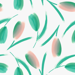 seamless pattern with green leaves and tulips