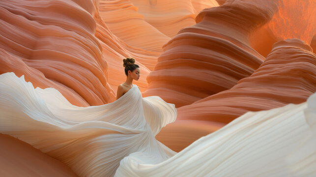 Ethereal Desert Bride: High Fashion Elegance in a Flowing White Gown