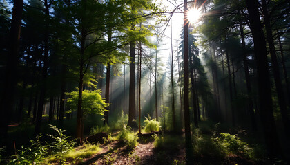 Obraz premium A Tranquil Forest with Sunlight Filtering Through Trees