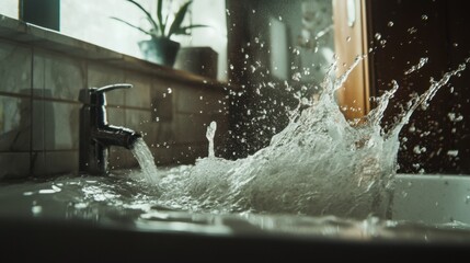 A dramatic shot of water gushing from an overflowing sink in a modern bathroom, symbolizing plumbing failure