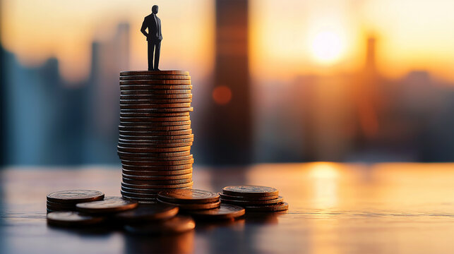 Coin stack - business person standing on coin, cityscape in the background