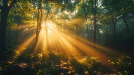 Obraz premium Sunbeams streaming through morning fog, casting long shadows on a tranquil forest floor
