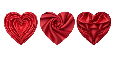 Three Different Heart Shapes Made of Abstract Red Silk on Transparent Background, Decorative, Flowing Red Hearts