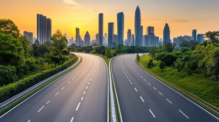 Fototapeta premium A scenic highway with a city skyline, showcasing a blend of urban architecture against a vibrant backdrop of nature and open road.