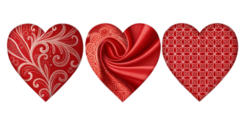 Three Different Heart Shapes Made of Abstract Red Silk on Transparent Background, Vibrant, Red Silk Heart Art